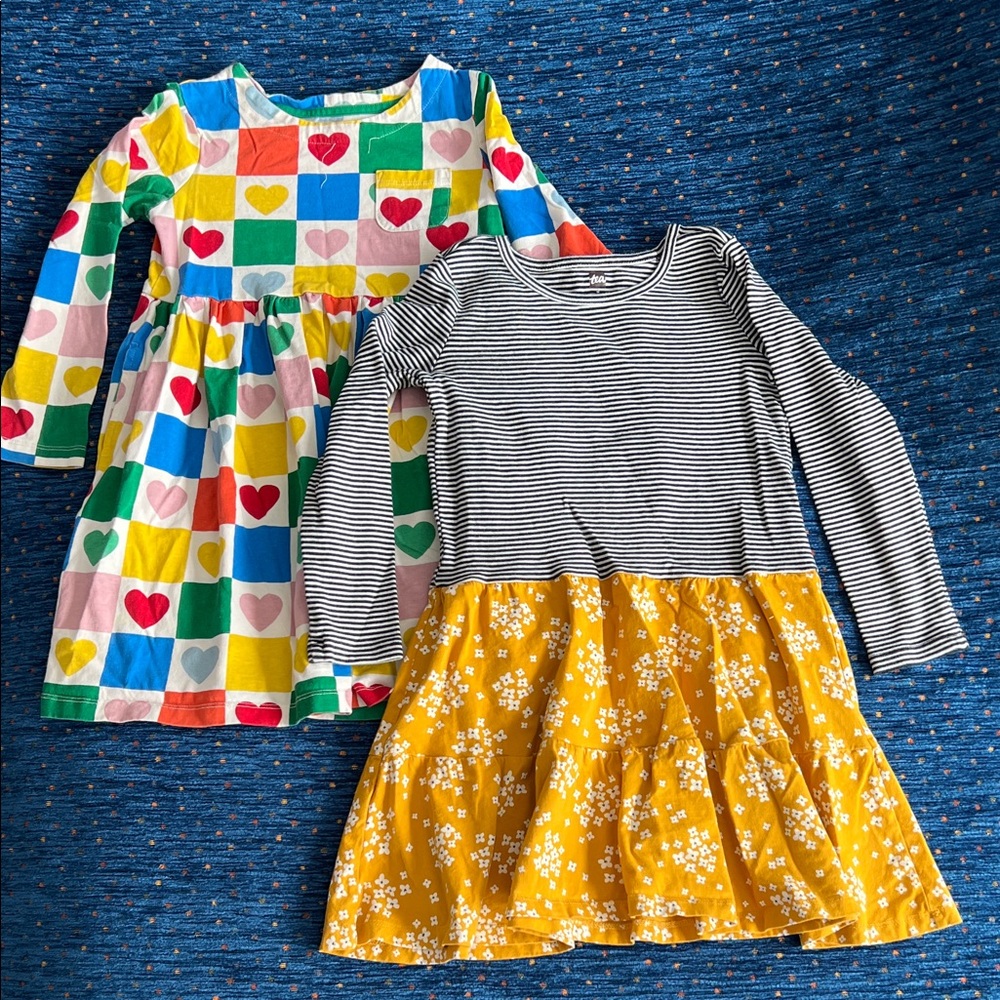 Mini Boden Multicolor Heart & Tea Collection Striped Yellow Floral Dress Bundle